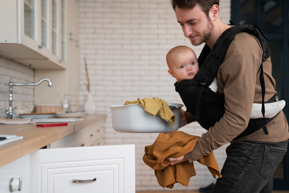 padre-tiro-medio-sosteniendo-al-bebe-haciendo-tareas-hogar