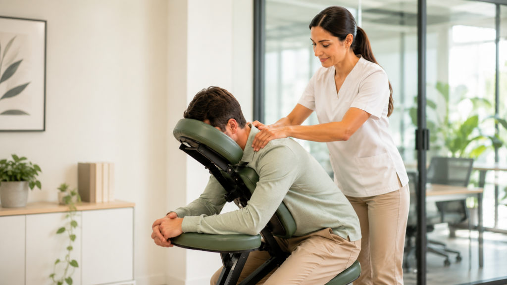 Masaje en silla ergonómica en entorno profesional